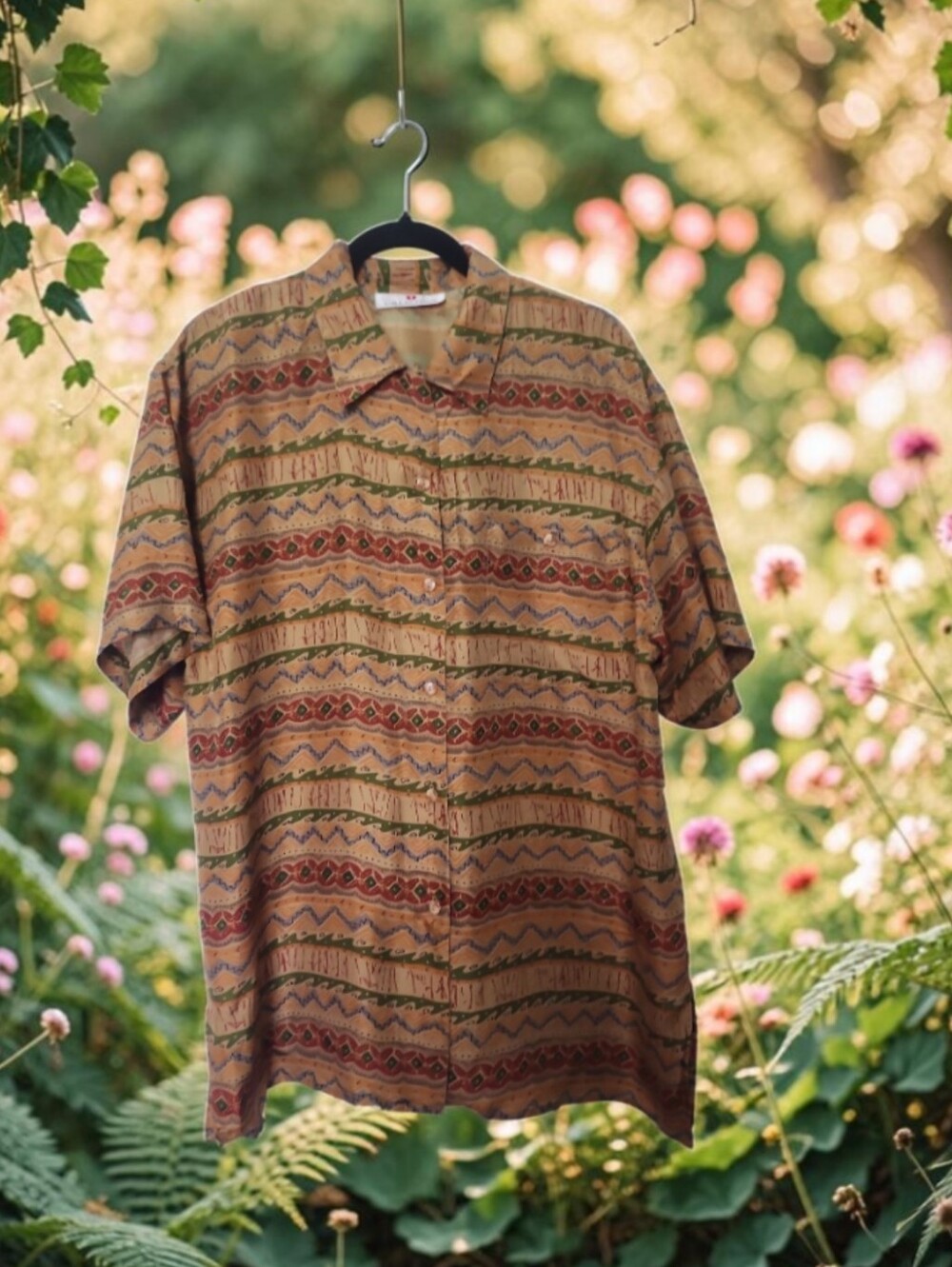 Casual Silk Short-Sleeve Button-Up Shirt in Tan Geo Print